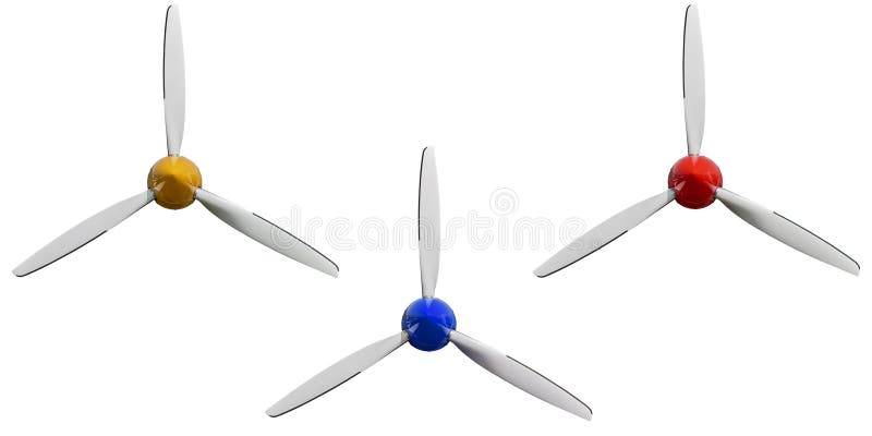 Set of three sport plane white propeller screws with yellow red blue cover cap. Airplane air of engine part. Aircraft plane