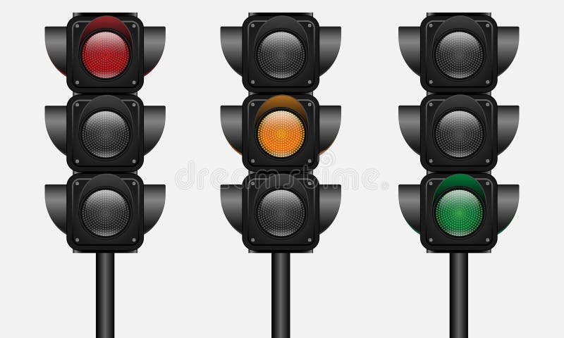 Set of Three Traffic Lights with a single color on. Realistic vector illustration isolated on white background. 3D EPS10 stock illustration