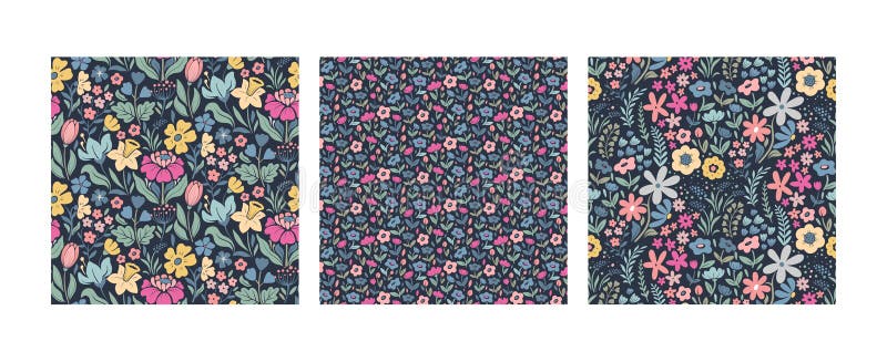 Set of three vector seamless patterns. Floral Easter spring backgrounds.