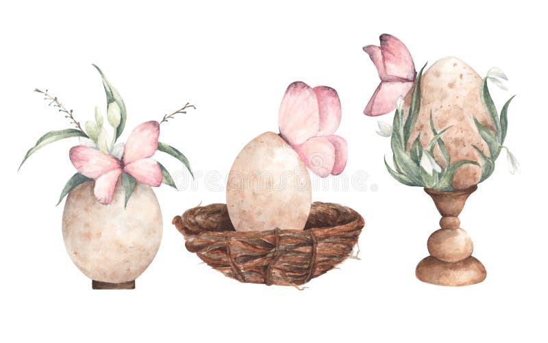 Set of three vintage eggs with butterflies. Watercolor illustration