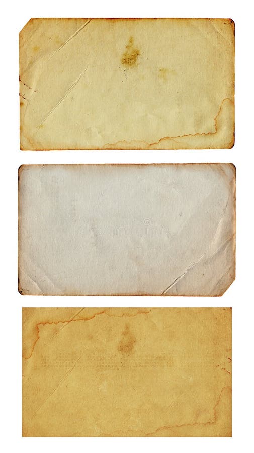 Set of three vintage paper Illustrations each with various stains, creases and other signs of damage isolated on a white background. Set of three vintage paper Illustrations each with various stains, creases and other signs of damage isolated on a white background.