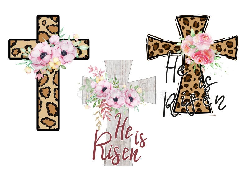 Set of three Watercolor Leopard Easter floral cross clipart on white background