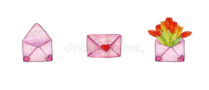 Set with three watercolor romantic pink envelopes with a heart and a bouquet of tulips for Valentines Day. Design for diaries