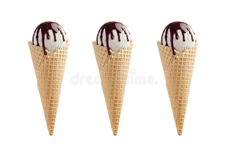 Set of three white ice cream in crisp waffle cones with chocolate sauce isolated on white  background.