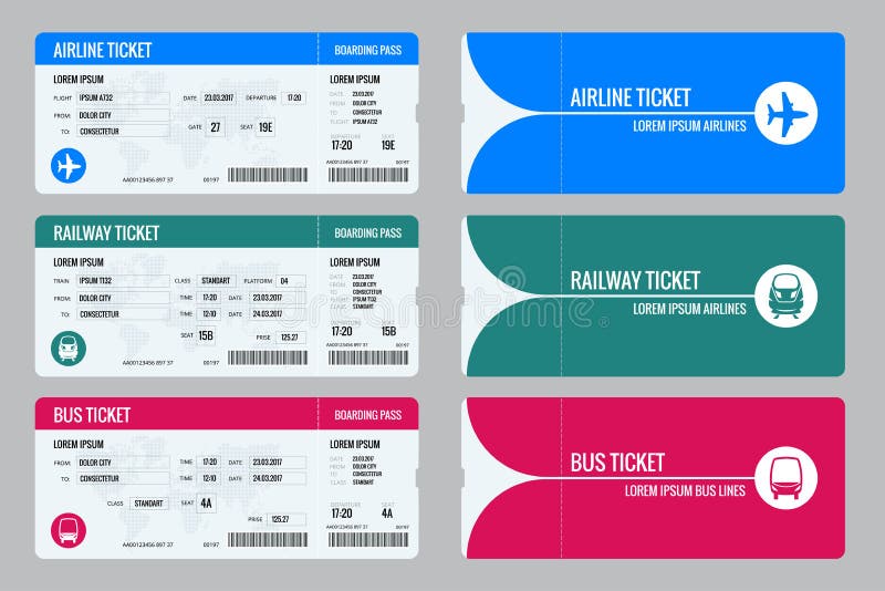 Set of tickets airplane, bus and train. Travel around the world and countries. Recreation and entertainment. Business