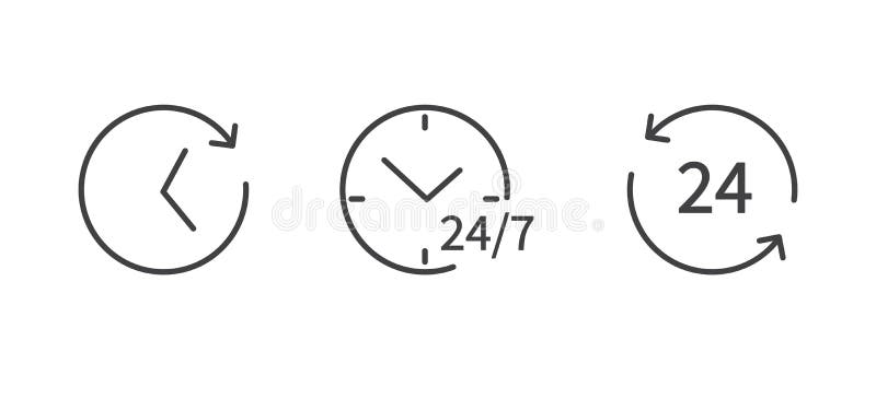 Set of Time and clock line icons isolated on white background. 24-7 service icon. Flat design. Vector illustration