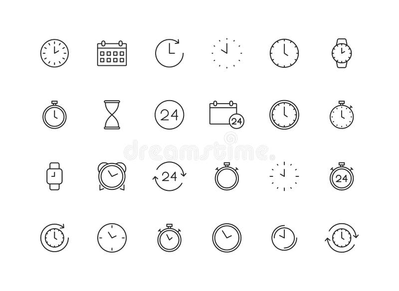 Set of 24 Time and clock web icons in line style. Timer, Speed, Alarm, Calendar. Vector illustration stock illustration