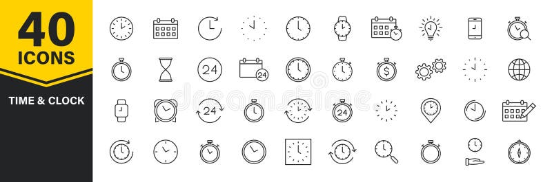 Set of 40 Time and clock web icons in line style. Timer, Speed, Alarm, Calendar. Vector illustration stock illustration