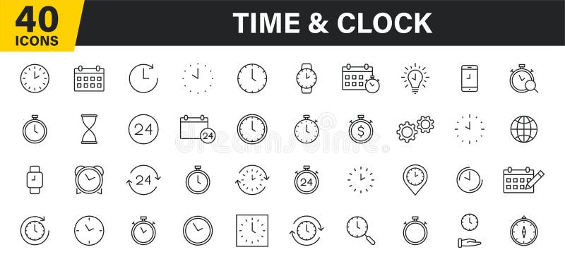 Set of 40 Time and clock web icons in line style. Timer, Speed, Alarm, Calendar. Vector illustration vector illustration