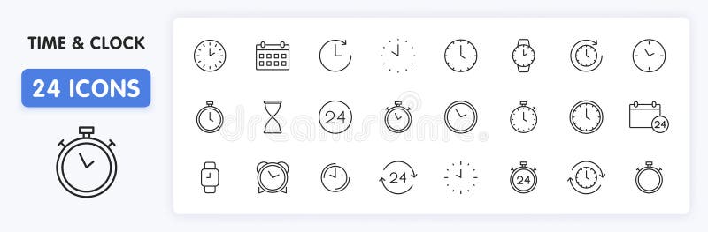 Set of 24 Time and clock web icons in line style. Timer, Speed, Alarm, Calendar. Vector illustration stock illustration