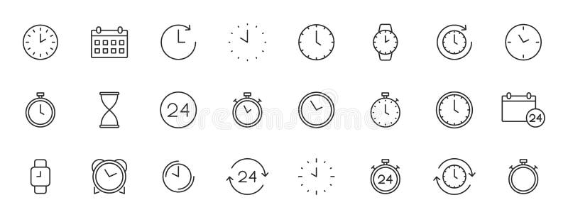 Set of 24 Time and clock web icons in line style. Timer, Speed, Alarm, Calendar. Vector illustration royalty free illustration