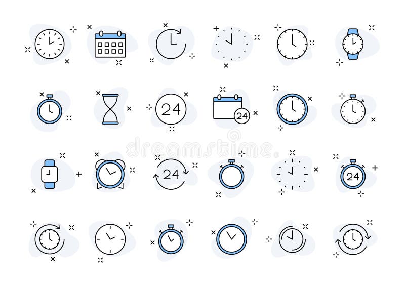 Set of 24 Time and clock web icons in line style. Timer, Speed, Alarm, Calendar. Vector illustration stock illustration