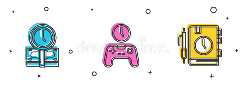 Set Time is money, Gamepad of time and Daily paper notepad icon. Vector stock illustration