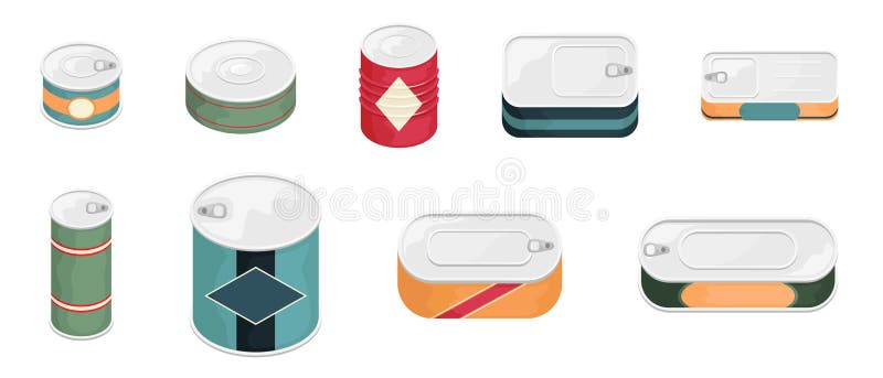 Set of 9 tin cans with a label. 3D vector illustration vector illustration