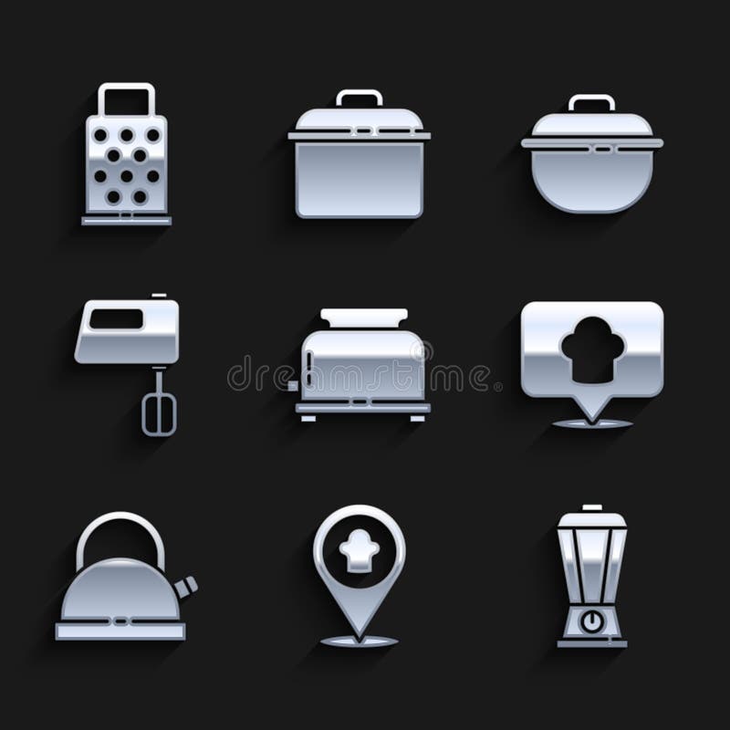Set Toaster, Chef hat with location, Blender, Kettle handle, Electric mixer, Cooking pot and Grater icon. Vector vector illustration