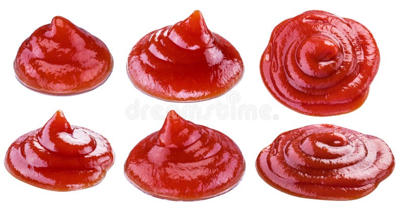 Set of tomato sauce or ketchup puddles isolated on white background. Clipping path