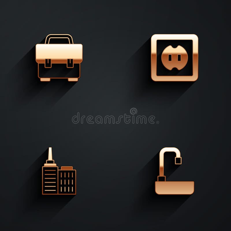 Set Toolbox, Electrical Outlet, City Landscape and Washbasin Icon with