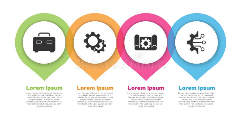 Set Toolbox, Gear, Graphing paper and gear and Algorithm. Business infographic template. Vector stock illustration