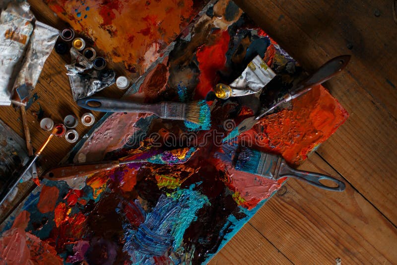 Set of tools for artists. Art. Oil paint. Workplace