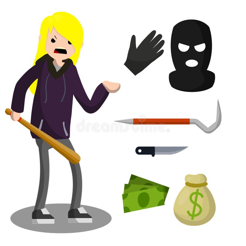 Thief with knife. Female Robber in black cloth. Set of tools for crime. pinch bar, crowbar, glove. Security problem. Funny girl. Cartoon flat illustration. Woman vector illustration Thief with knife. Female Robber in black cloth. Set of tools for crime. pinch bar, crowbar, glove. Security problem. Funny girl. Cartoon flat illustration. Woman vector illustration