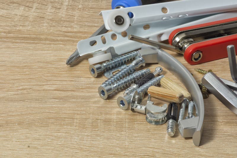 A Set of Tools and Fasteners for the Assembly of Furniture Stock Photo