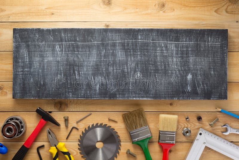 Set of tools and instruments at wooden background