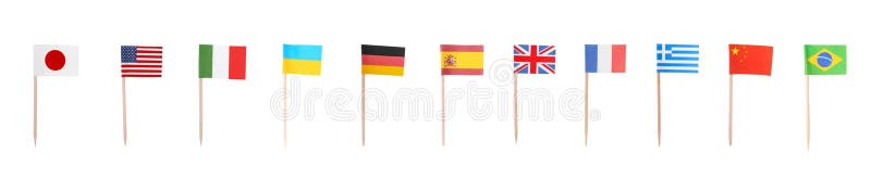 Set of toothpicks with flags of different countries on white background. Banner design royalty free stock photos