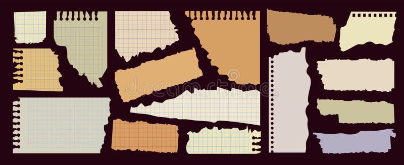 Set of torn paper, notebook sheets, old newspaper. Ready for your message. royalty free illustration