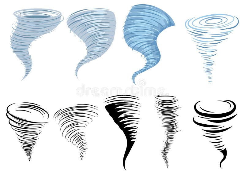 Set of tornadoes. Collection of stylized tornadoes. Vector illustration of a weather cataclysm. Hurricane.