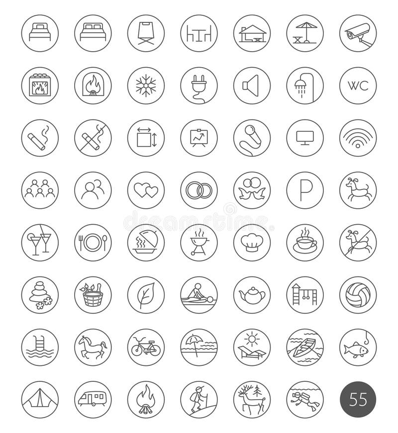 Set of 55 tourism travel hotel recreation line icons