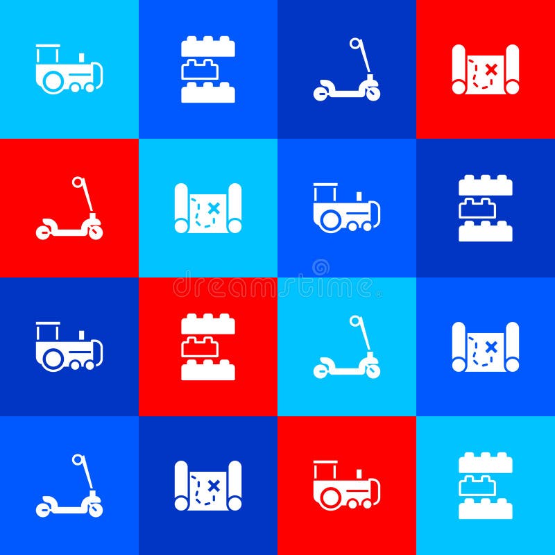 Set Toy train, building block bricks, Roller scooter and Pirate treasure map icon. Vector vector illustration