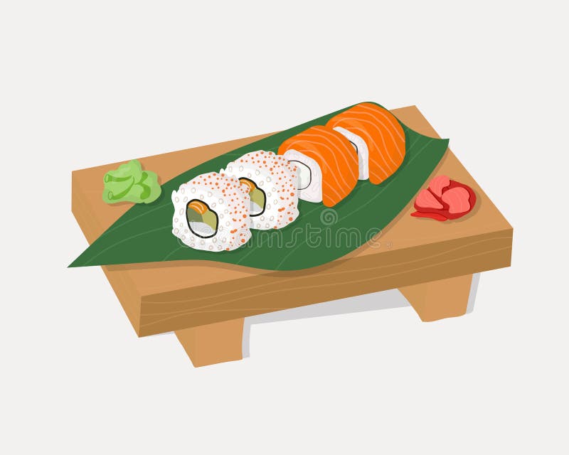 Sushi Set On A Wooden Board Cartoon Vector Illustration Sushi