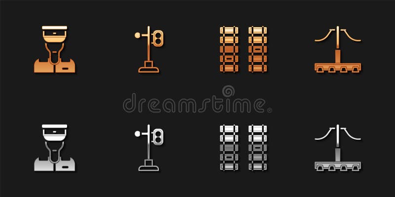 Set Train conductor, traffic light, Railway, railroad track and icon. Vector stock illustration