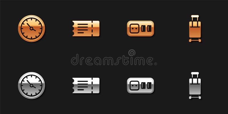 Set Train Station Clock, Ticket, Electrical Outlet and Suitcase Icon