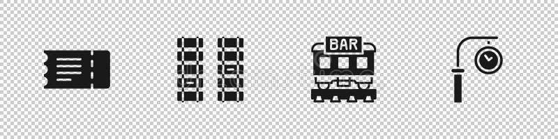 Set Train ticket, Railway, railroad track, Restaurant train and station clock icon. Vector vector illustration