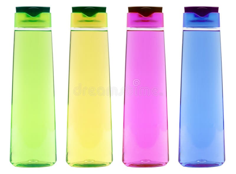 Set of Transparend Clear Colored Shampoo Bottles Isolated on White without Labels Stock Image