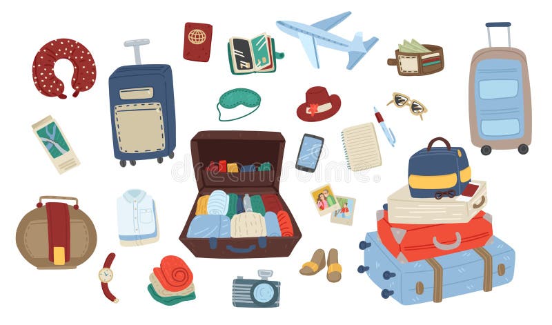 Set of Travel Items. Collection for Holiday or Journey. Packing Luggage.  Vector Cartoon Illustration Stock Vector - Illustration of organize, icon:  174449738