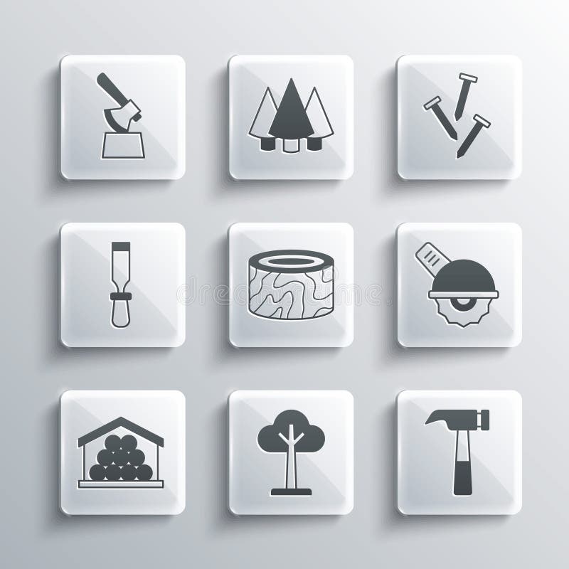 Set Tree, Hammer, Electric Circular Saw, Stump, Wooden Logs, Chisel