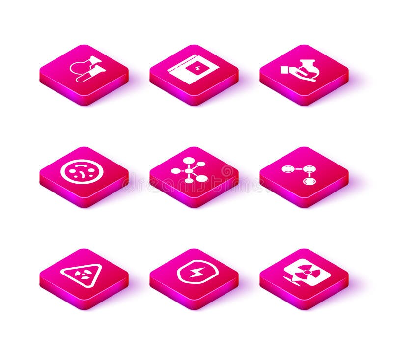 Set Triangle with radiation, Secure shield lightning, Bacteria, Molecule, Radioactive location, Test tube and flask and vector illustration