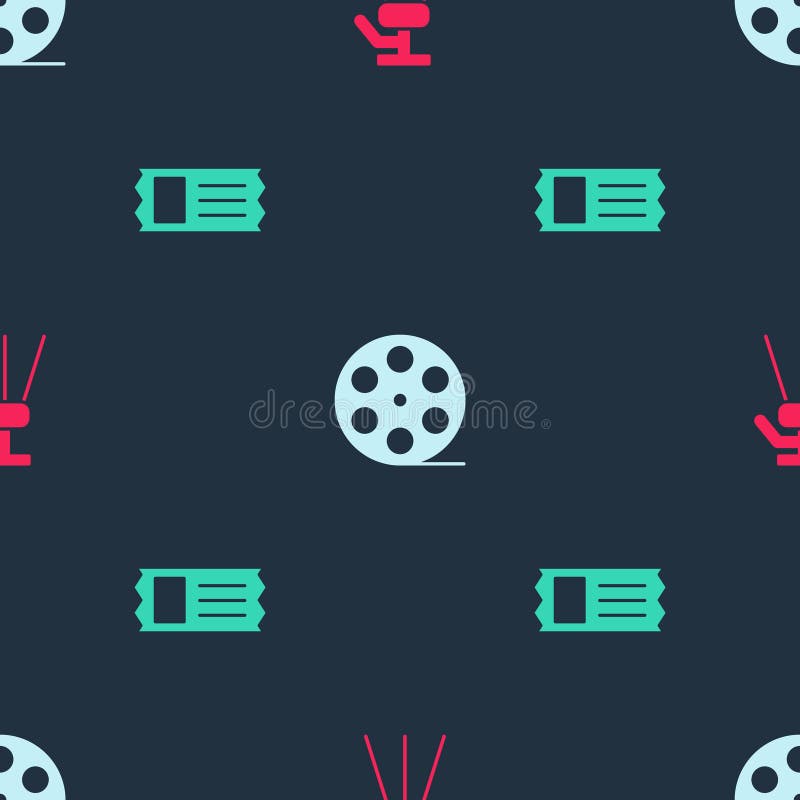 Set Tripod, Film Reel and Cinema Ticket on Seamless Pattern. Vector Stock Vector Illustration
