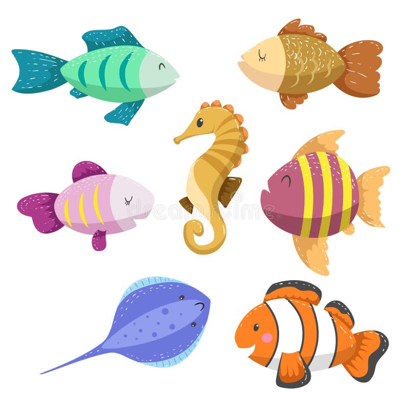 Set tropikalni morza i oceanu zwierzęta Seahorse, błazen ryba, stingray i różni typ ryba ilustracji