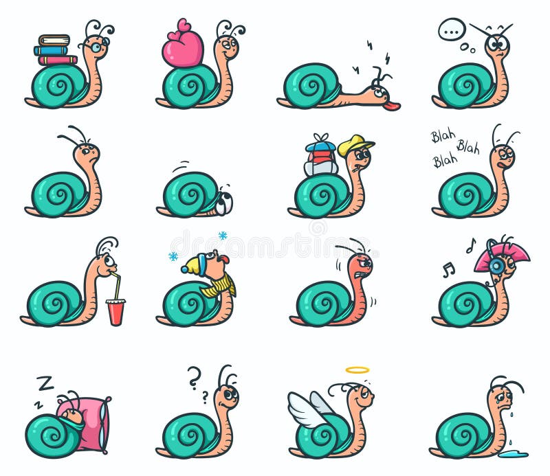Set 16 trybowych emocj majcherów śliczni ślimaczki w różnych pozycjach - wektorowa ilustracja ilustracja wektor Set 16 trybowych emocj majcherów śliczni ślimaczki w różnych pozycjach - wektorowa ilustracja ilustracja wektor