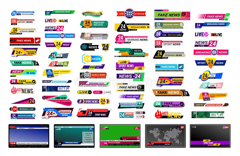 Set TV wiadomości bary Projekt wiadomości znak, leje się wideo Łamający, imitacja, sport wiadomość Interfejsu znak Mockup szablon ilustracji Set TV wiadomości bary Projekt wiadomości znak, leje się wideo Łamający, imitacja, sport wiadomość Interfejsu znak Mockup szablon ilustracji