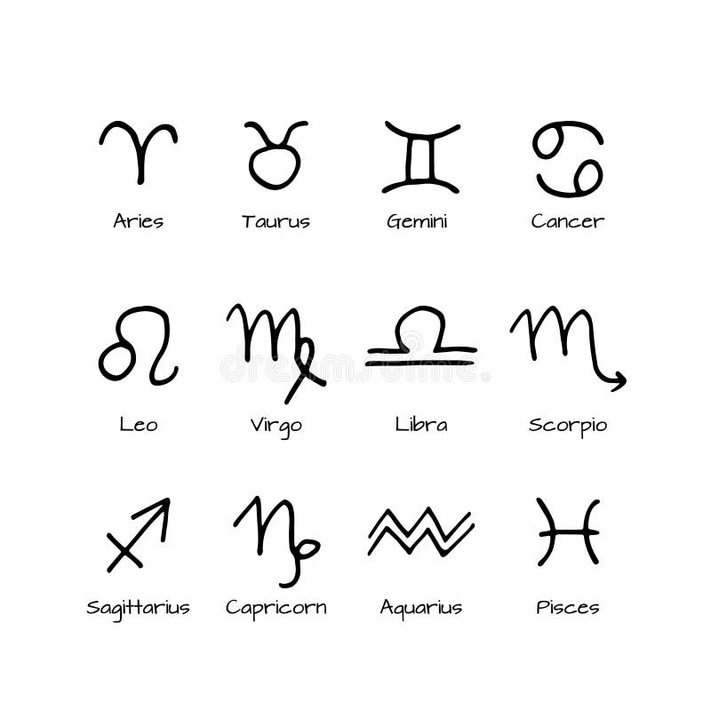 Set of Twelve Simple Zodiac Signs, Handrawn Vector Elements. Astrology ...
