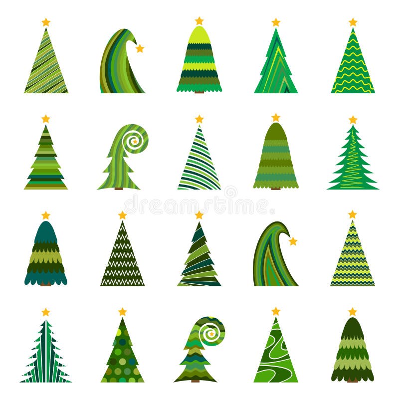 Set of twenty different Christmas trees stock illustration