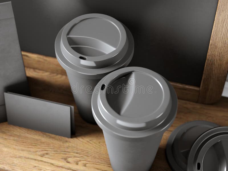 Set of two black coffee cups, blank business cards and chalkboard on bookshelf. 3d render royalty free stock images Set of two black coffee cups, blank business cards and chalkboard on bookshelf. 3d render royalty free stock images