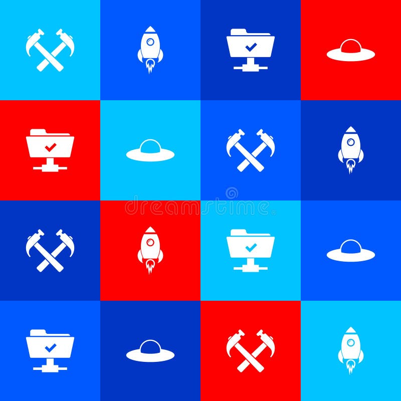 Set Two crossed hammers, Rocket ship with fire, FTP operation successful and UFO flying spaceship icon. Vector stock illustration