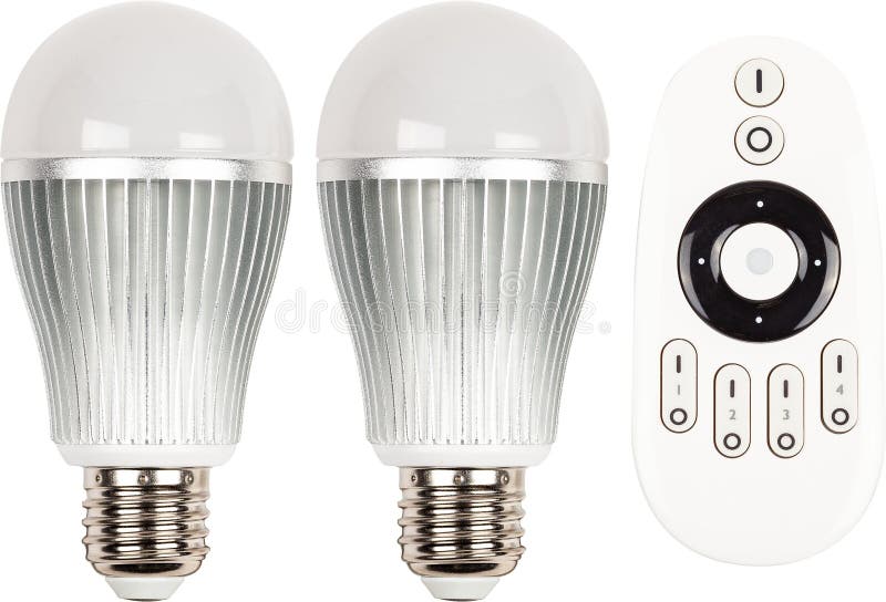Set of two LED light bulbs with remote control isolated on white background
