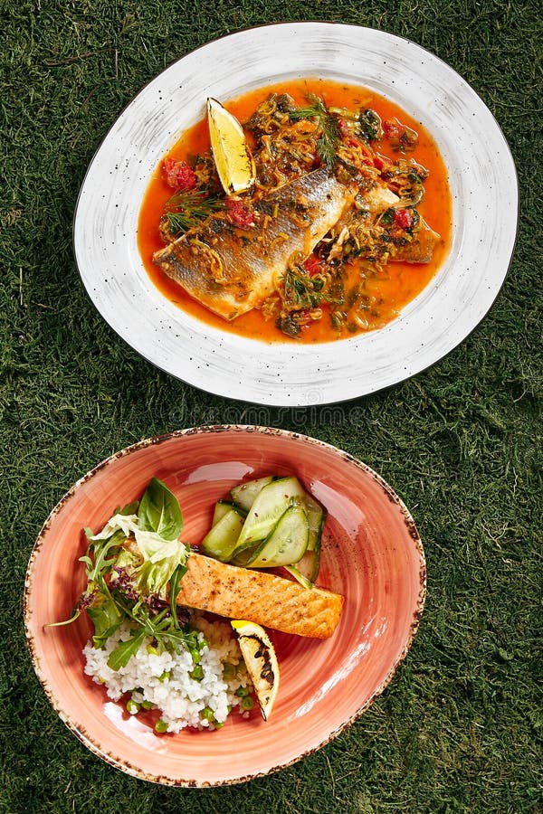 Set of Two Seafood Dishes with Syrdak, Salmon Steak and Rice Stock