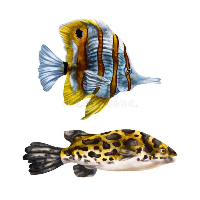 A set of two of their yellow-tinged marine fish. Tropical underwater world, digital illustration. For design, packaging, printing, posters, textiles, souvenirs